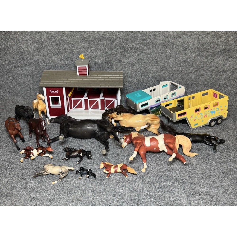 Lot Breyer & Safari Horses For Play Or Restore Some VTG w/ Barn & Hauler READ